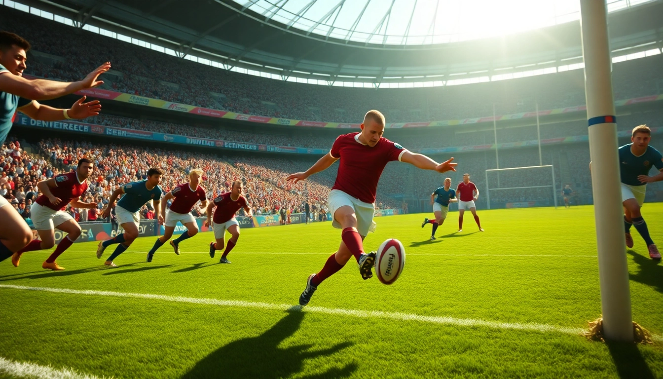 Le match de rugby à Paris, mettant en lumière un joueur dans un stade animé.
