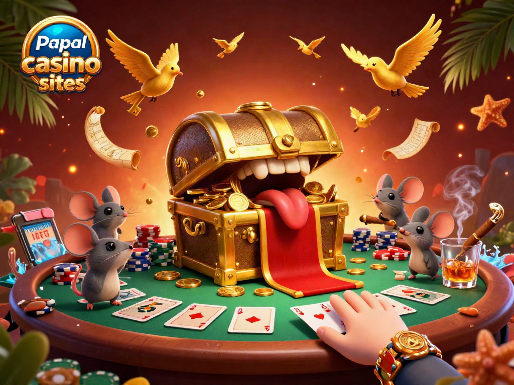 Engage with the exciting world of paypal casino sites featuring a whimsical golden treasure chest and poker elements