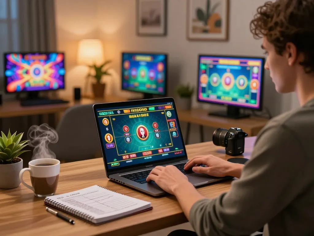 Jogador interagindo com o cassino online AAVIP no laptop, focado e estrategizando para melhores chances.