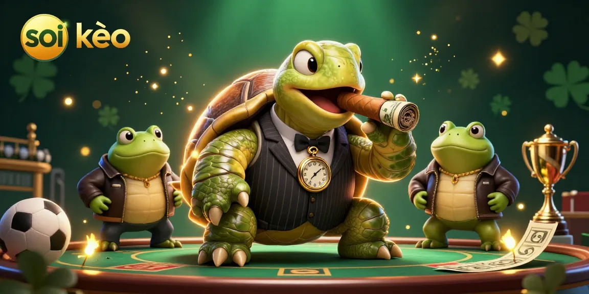 Engage in soi kèo betting with a powerful turtle and bullfrog enforcers amid vibrant casino elements.