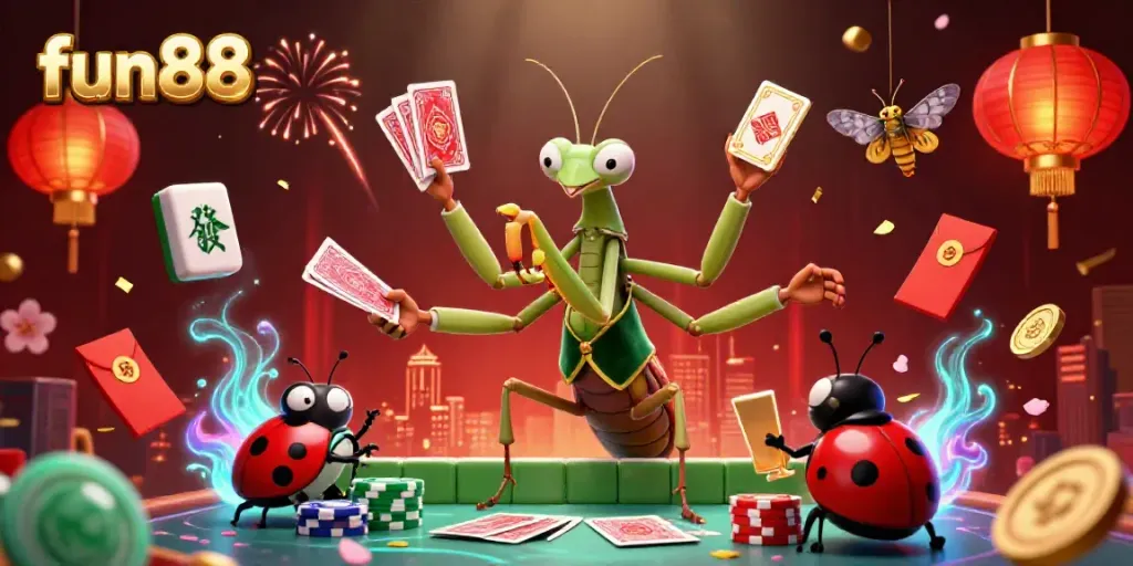 Experience the thrill of fun88 with a vibrant casino scene featuring a giant praying mantis and ladybug pit boss.