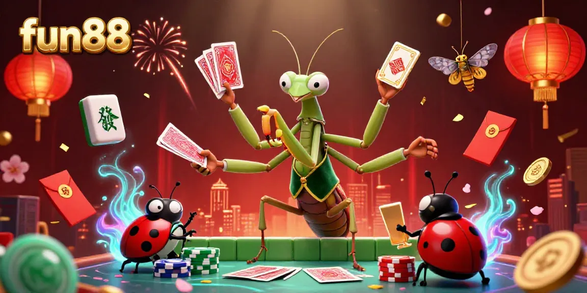 Experience the thrill of fun88 with a vibrant casino scene featuring a giant praying mantis and ladybug pit boss.