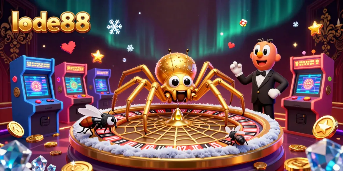 Engage in exciting gameplay with lode88's dynamic casino scene featuring a golden spider, a fly placing bets, and a centipede croupier.
