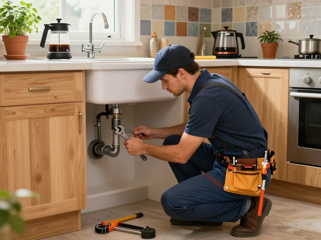 Skilled plumber Encanador fixing pipes under a kitchen sink with tools and warm sunlight.