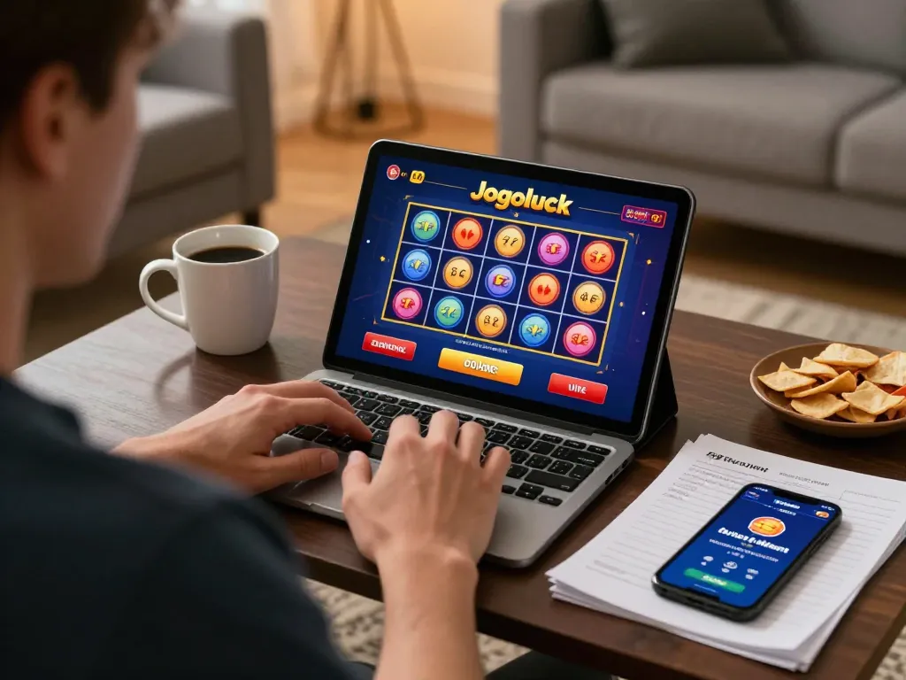 Engaged player using Jogoluck tablet for online casino game in cozy home setting.