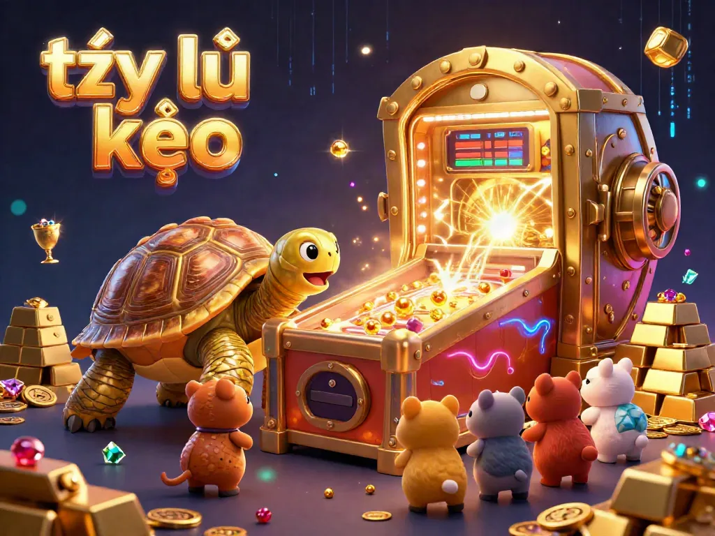 Engaging visual of tỷ lệ kèo featuring a vibrant tortoise pinball machine surrounded by treasure and excited players.