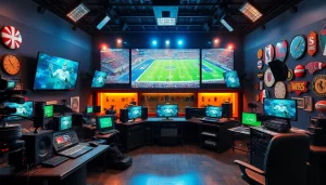 Engaging sports broadcasting scene showcasing a vibrant studio with live sports action.