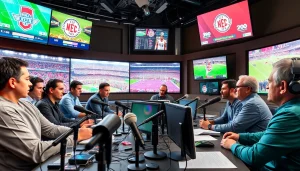 Engaging scene of sports broadcasting with diverse commentators discussing live events.