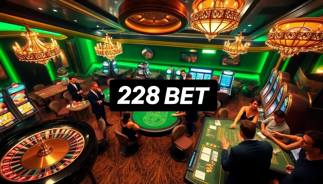 Experience the excitement of 28 BET with players at a luxury casino featuring roulette wheels and poker tables.