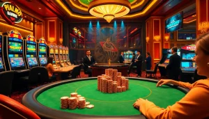 Apostadores entusiasmados desfrutando da emoção da ação de jogos no cassino 59A, cercados por mesas e caça-níqueis.