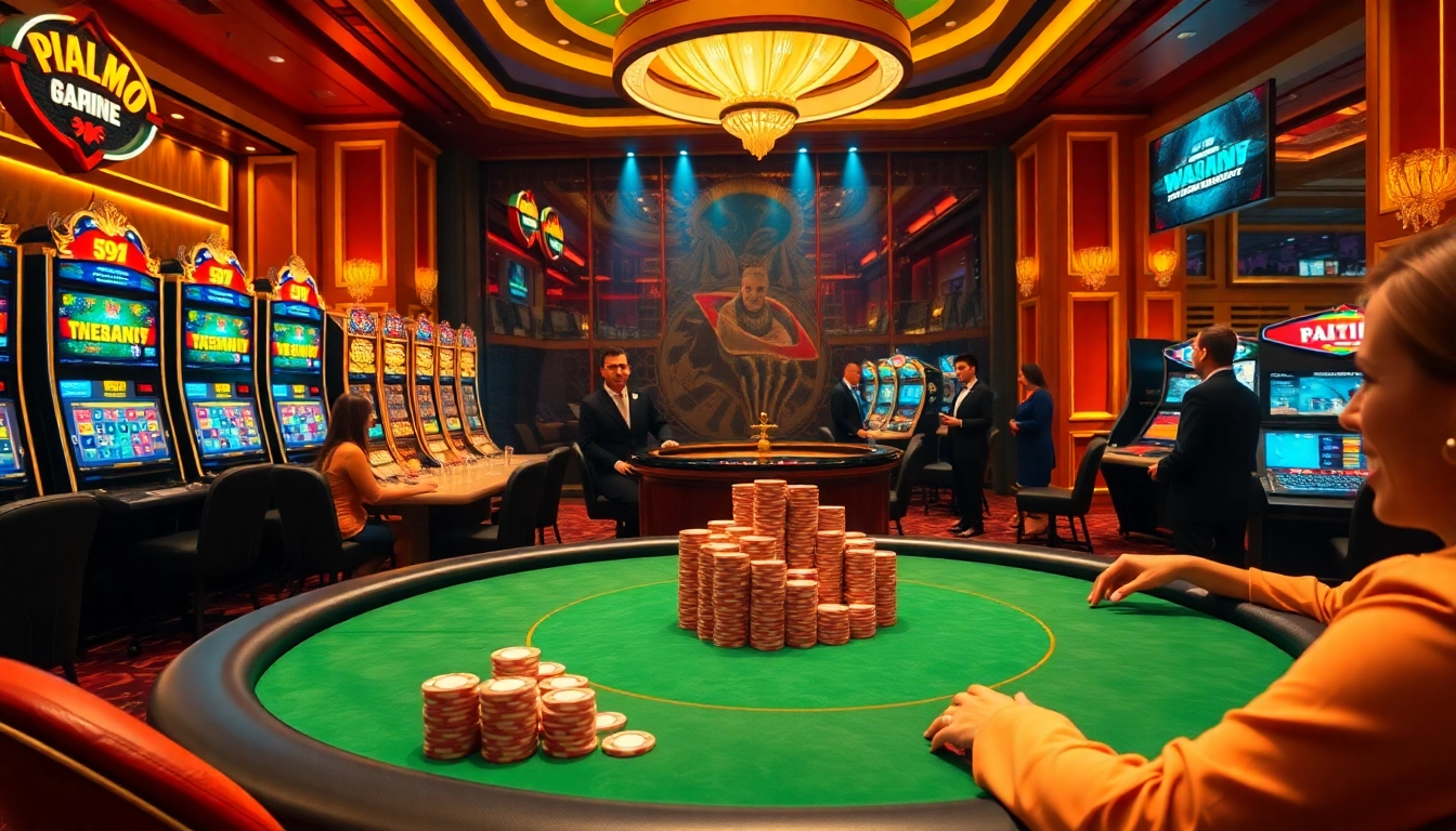 Apostadores entusiasmados desfrutando da emoção da ação de jogos no cassino 59A, cercados por mesas e caça-níqueis.