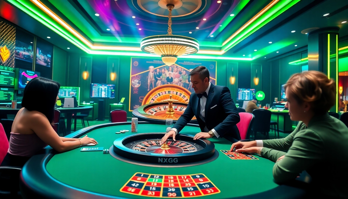 Vibrant casino atmosphere featuring plataforma xxgg with players engaged at a poker table and advanced betting technology.