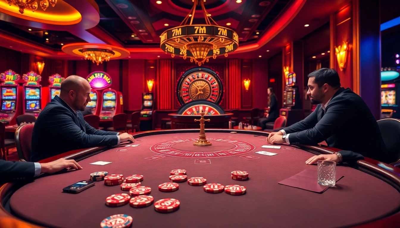 Engaging poker scene featuring professional players and vibrant 7m-themed decor in a luxurious casino.