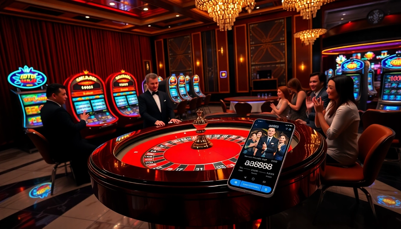 Jogadores desfrutando de roleta em um cassino luxuoso enquanto utilizam o aplicativo de jogos aa888 para apostas online.