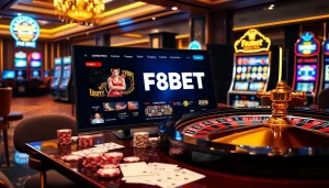 Experience the thrill of F8BET with dynamic gaming visuals showcasing roulette, poker, and slots.