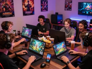 Play free porn games online with a diverse group of excited gamers in a vibrant setting.