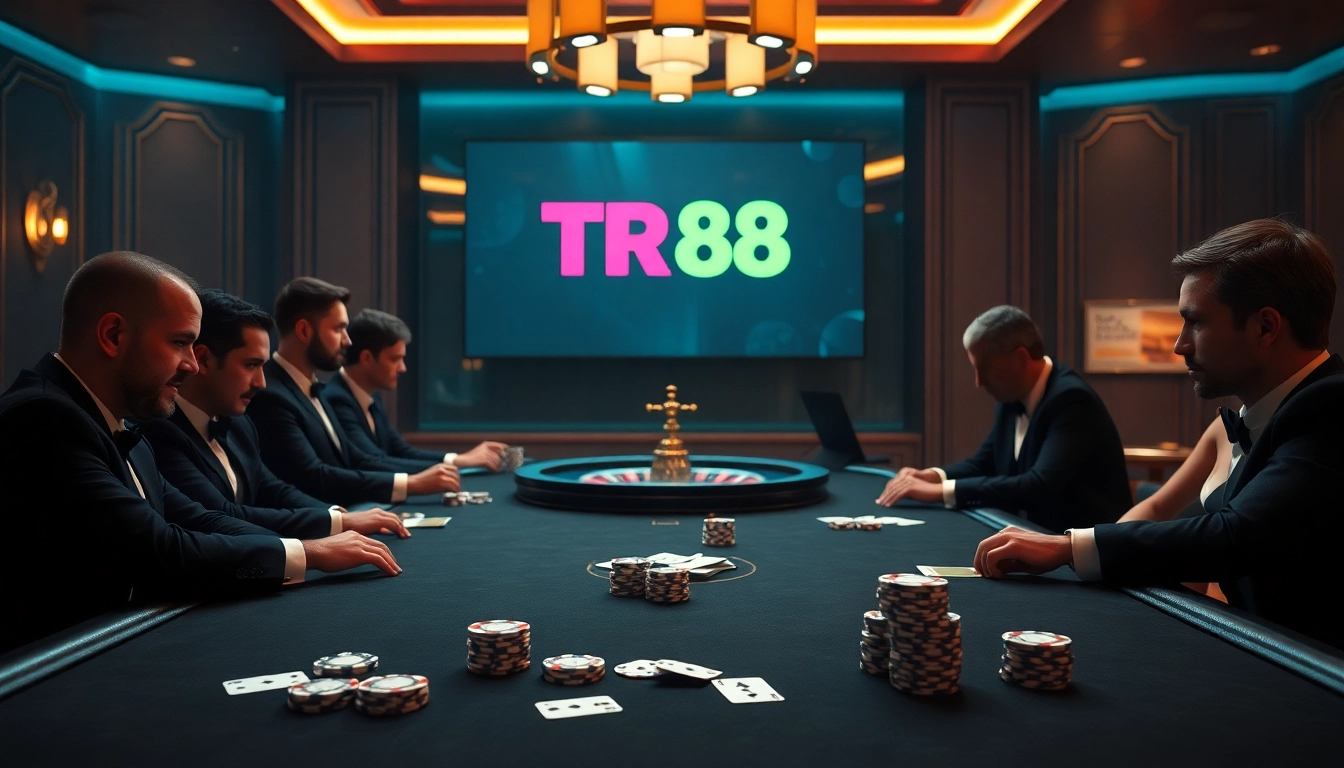 Engaging players enjoying high-stakes poker at a TR88 casino table.