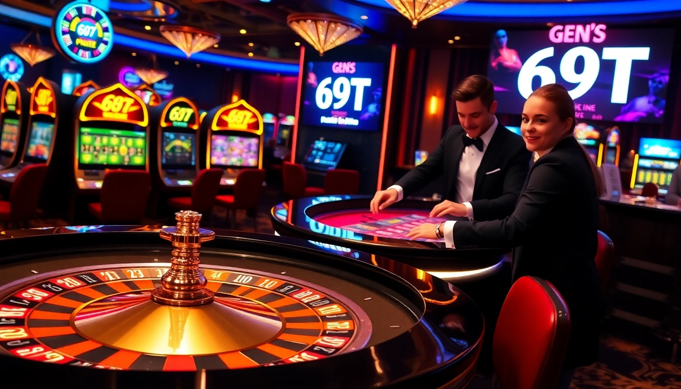 Experimente a emoção das apostas ao vivo no luxuoso cassino com mesas de roleta 69T e ação de jogo vibrante.