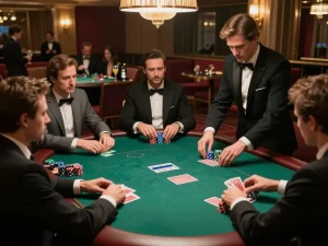 va88 poker game with players strategizing over hands and chips stacked high in a luxurious casino setting