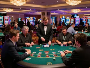Go8 blackjack tables in a vibrant casino atmosphere, players engaged in strategic gameplay