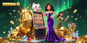 Experience the excitement of mmoo-o with a jackpot slot scene featuring a stylish woman and fortune cat.