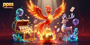 Engage with ppss online betting through vibrant jackpot scenes featuring fire phoenixes and slot elements.