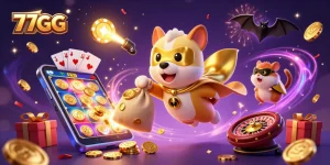 Experience thrilling gaming at 77GG with vibrant 3D characters amidst a packed casino atmosphere.