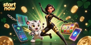 Start now playing slots with a stunning woman and tiger in a vibrant casino scene.