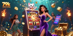 Experience excitement with 79k online betting as a glamorous woman interacts with a jackpot slot machine, coins flying.