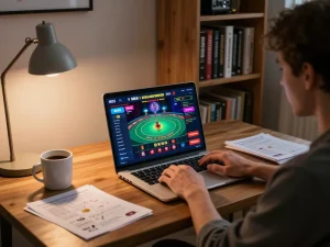 Engaging online player enjoying MK8 live dealer game on modern laptop while analyzing strategy notes.