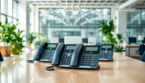 Showcase efficient office phone systems in a modern workspace with sleek designs.