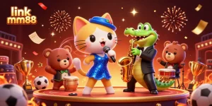 Engage with top bets at link mm88 featuring a jazzy cat, crocodile, and bear in a vibrant casino atmosphere.