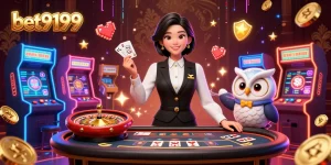 Engage with bet9199 in a vibrant casino scene featuring a skilled Asian dealer and cartoon owl assistant amidst thrilling game elements.