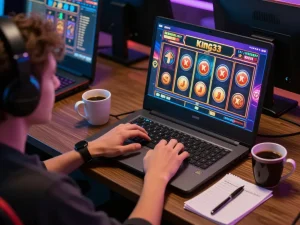 Engaged player at king33 online casino, using laptop for strategic gaming.