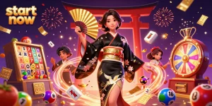 Start now playing with vibrant casino elements and an elegant Asian woman in a captivating scene