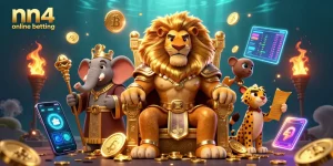 Experience nn4 online betting with a vibrant 3D scene featuring a lion king, elephant, and cheetah in a dynamic casino setting.