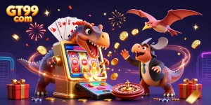 Experience the excitement of GT99 com with a pachycephalosaurus winning jackpot coins in a lively casino scene.