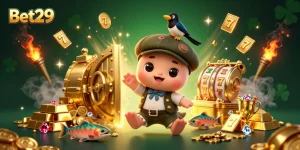 Experience exciting treasures and winnings at Bet29 with slot reels and animated characters!