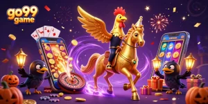 Win big with go99 game featuring a golden rooster in a vibrant casino scene!