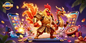 Experience man88 slots with a fierce dragon and warrior in a vibrant casino scene.