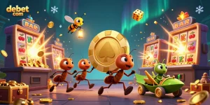 Engage with debet com’s vibrant casino adventure featuring ants on a heist with golden poker chips.