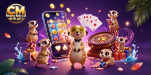 Engaging scene showing CM trong bóng đá là gì as meerkats run a lively casino with slot games and poker actions.