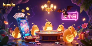 Kuwin illuminates a vibrant cave casino with glowworms, showcasing exciting gaming elements and golden coins.