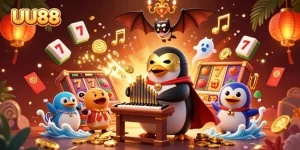 UU88 showcases a thrilling casino scene with a penguin playing organ, scattering jackpot coins.